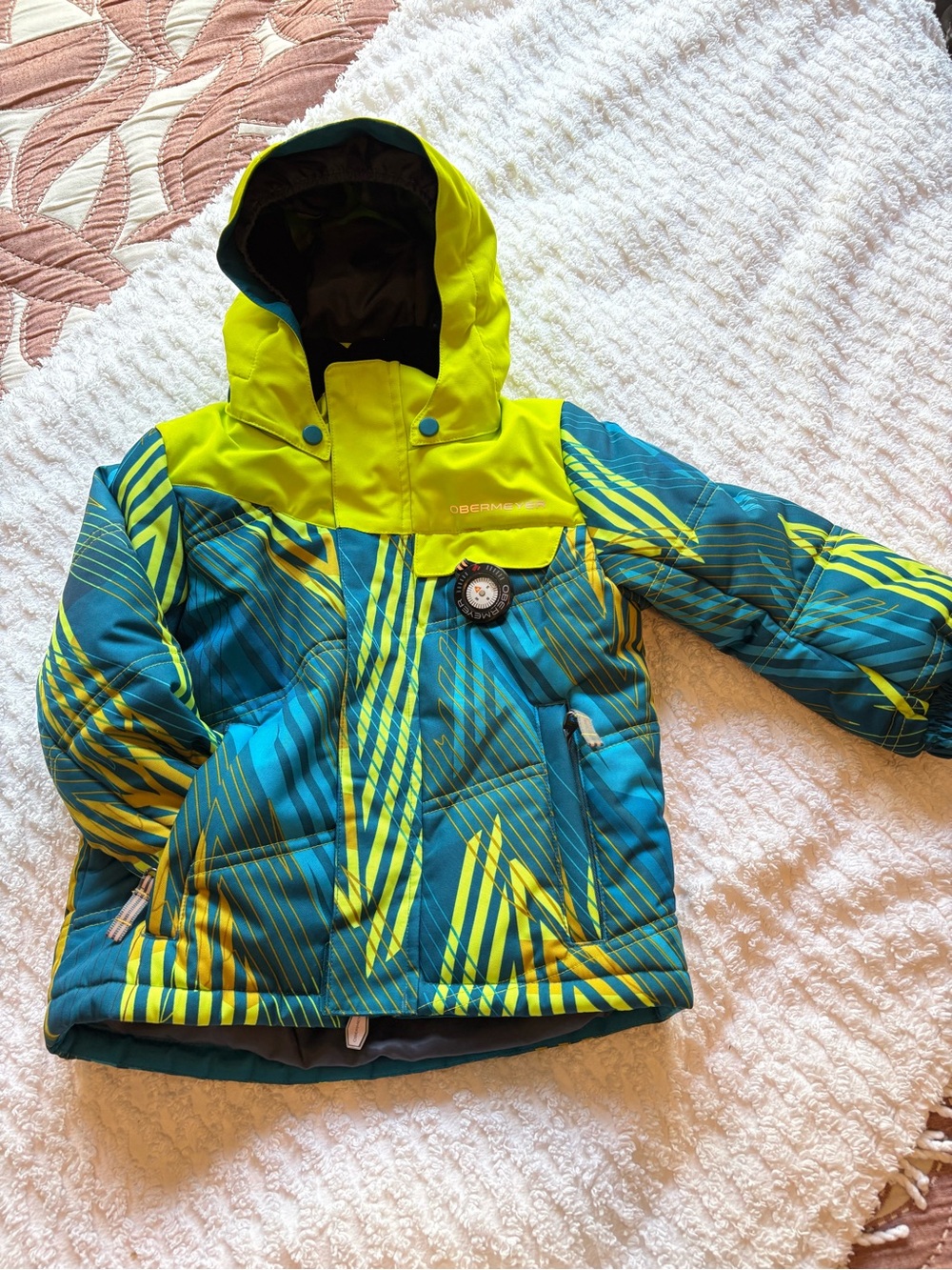 Obermeyer Teal & Neon Yellow Kids Hooded coat and Matching I-Grow snow pants